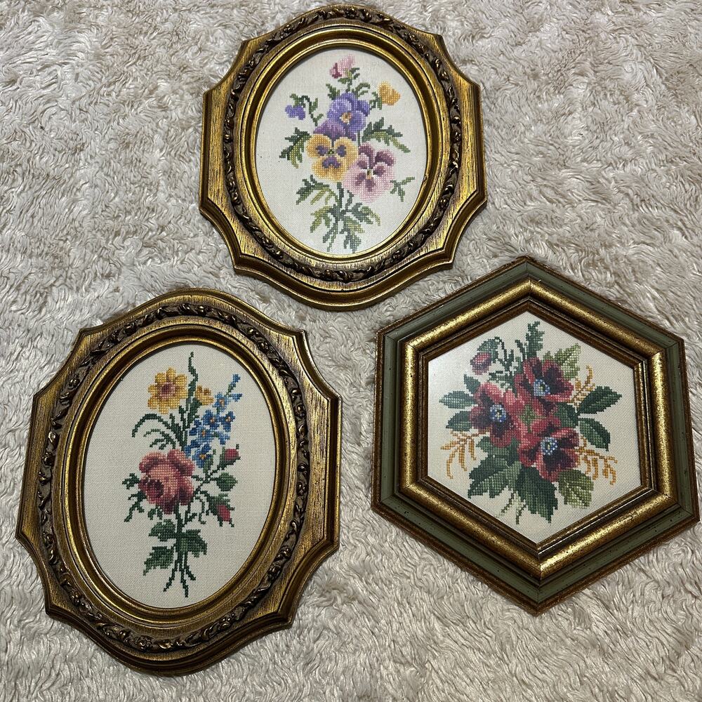 Set of 3 Vintage Needlepoint Wall Art Framed Floral Handstitched Embroidered